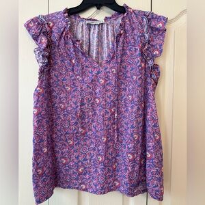 Vineyard Vines Women’s Pink and Blue Katana Tiled Floral Ruffled Top Sz. XL